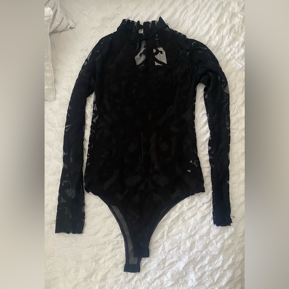 Black mesh velvet design bodysuit